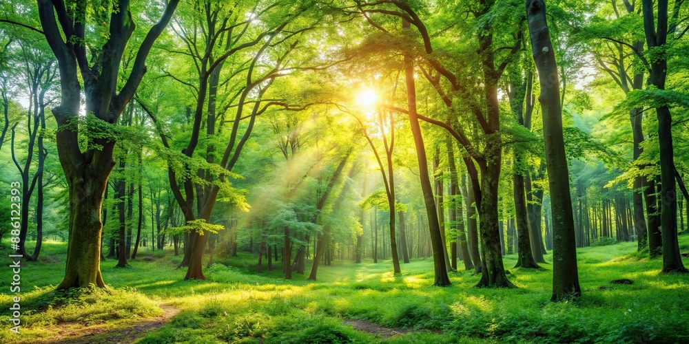 Serene forest landscape with lush green trees and sunlight filtering through the leaves, nature, wilderness, trees Serene forest landscape with lush green trees and sunlight filtering through the leaves, nature, wilderness, trees