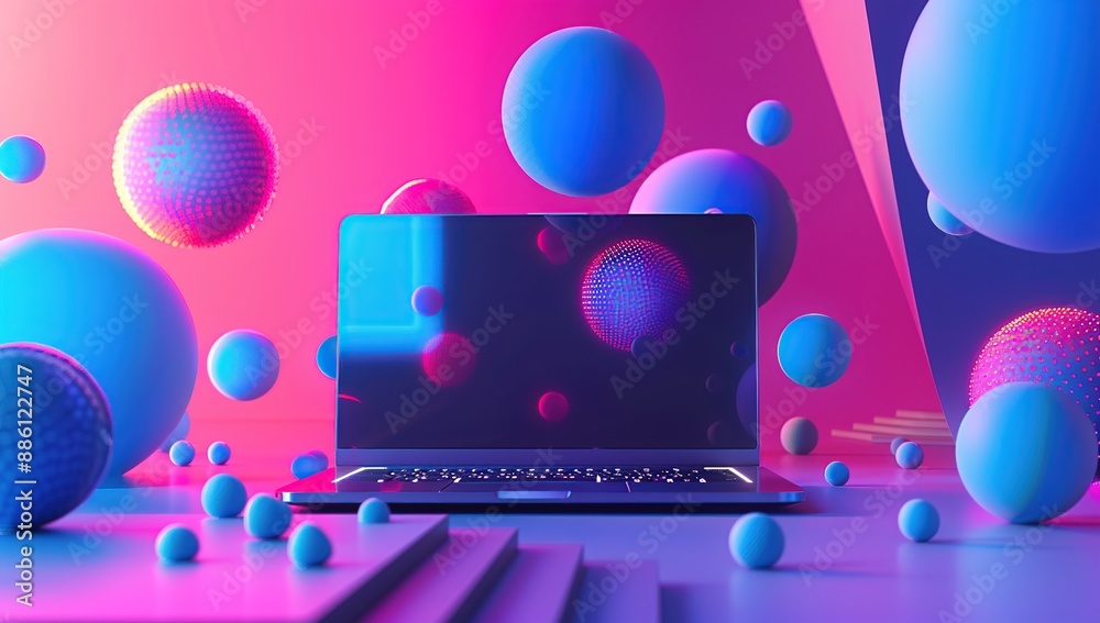 Abstract Futuristic Laptop with Floating Spheres Abstract Futuristic Laptop with Floating Spheres