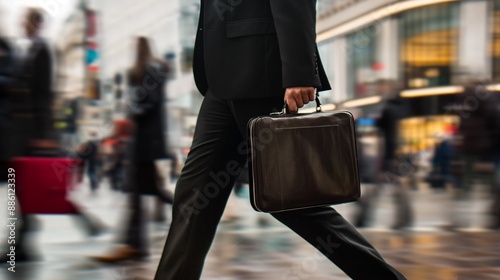 Businessman walking through a bustling city street, representing urban professional life and mobility.