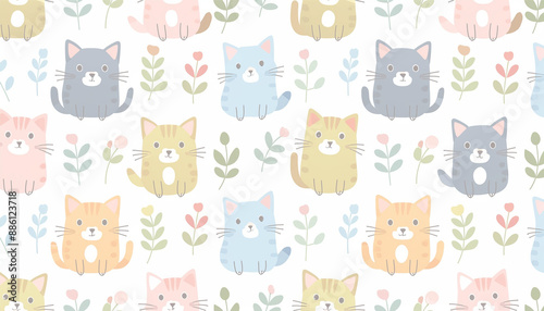  A seamless pattern of cats and leaves on a white background. The cats are depicted in a variety of playful poses, some chasing leaves, others simply lounging among the foliage.