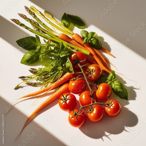 flat lay composition with fresh cherry tomatoes on white background. rip vagetables photo