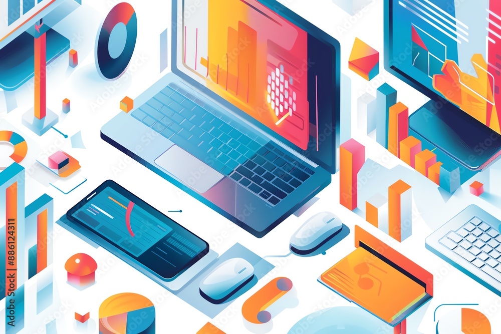 Isometric illustration of a desktop, laptop, phone, and other digital devices with data and graphs. Isometric illustration of a desktop, laptop, phone, and other digital devices with data and graphs.