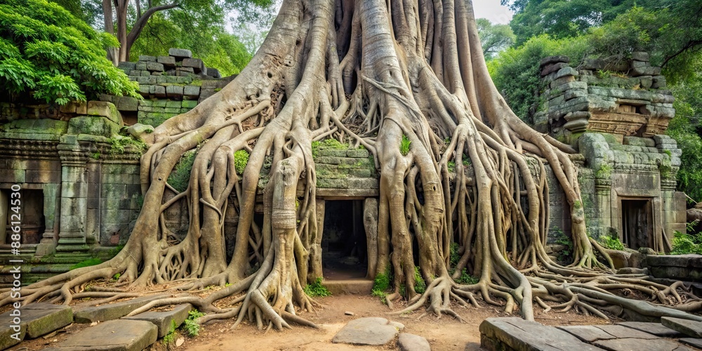 Giant banyan tree roots in ancient Angkor Wat ruins , Angkor Wat ...