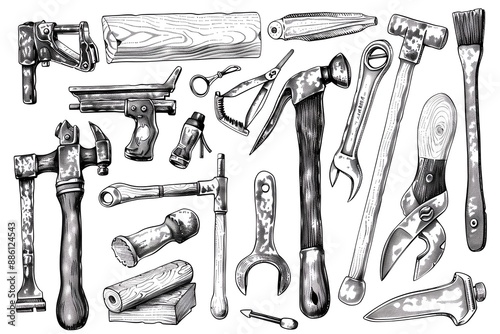 Hand drawn sketch of vintage tools and hardware photo