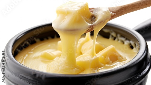 Delectable melted cheese in a separate pot against a white background.