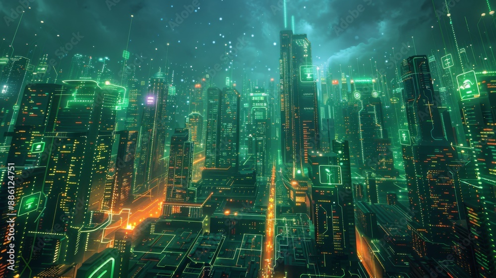 Fototapeta premium Futuristic Smart Cyber City illustration: Innovative Urban Landscape in Digital Circuitry, futuristic technology concept, Graphic Resources, Wallpapers, Brochure, Websites, banner design, Advertising,