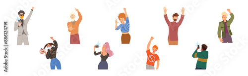 Protesting People Character at Demonstration or Strike Vector Set