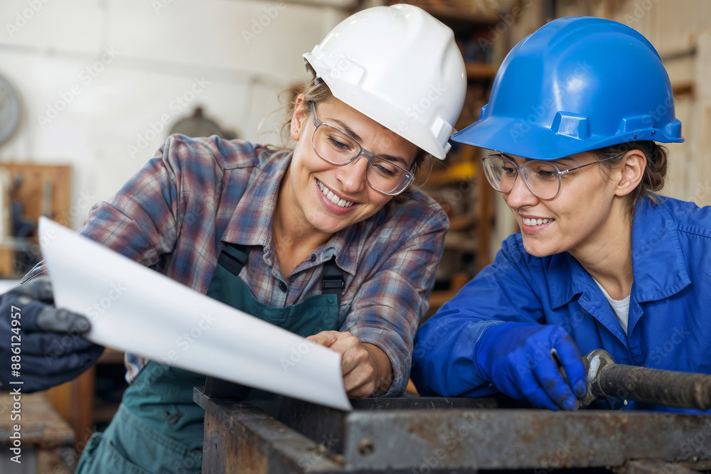 Two happy Caucasian woman metalworker in factory wearing a safety helmet and safety glasses. Woman engineer is reading a piece instructions on blueprint for female employee Two happy Caucasian woman metalworker in factory wearing a safety helmet and safety glasses. Woman engineer is reading a piece instructions on blueprint for female employee