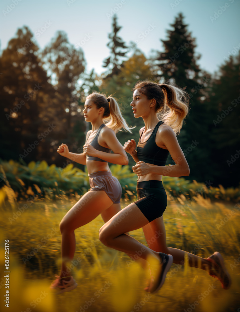 Running workout women. Fit women jogging forest path. Healthy lifestyle jogging women. Overall plan. Running workout women. Fit women jogging forest path. Healthy lifestyle jogging women. Overall plan.