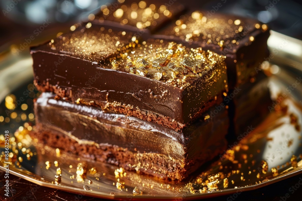 Obraz premium Chocolate cake slices sitting on a golden plate, decorated with gold leaf for a luxurious dessert experience