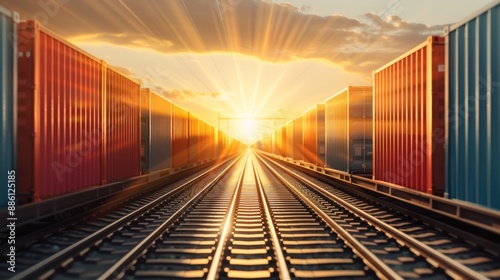 Sunset over railway tracks with cargo containers on both sides, showcasing the beauty of transportation infrastructure.