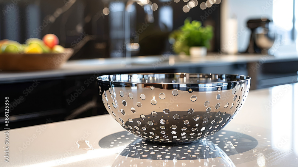 Perforated stainless steel bowl on a modern kitchen counter. Perforated stainless steel bowl on a modern kitchen counter.