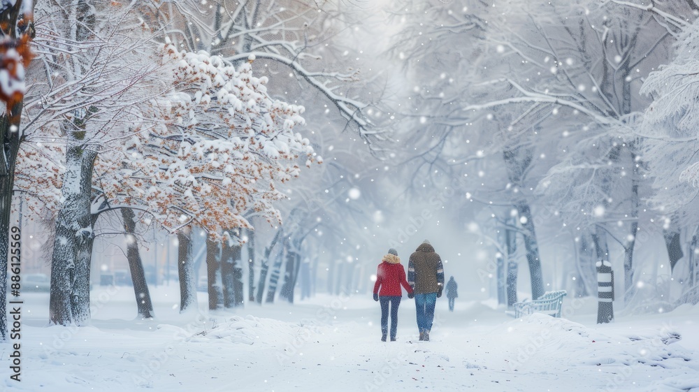 Two people walking in snowy park with falling snowflakes and trees covered snow Two people walking in snowy park with falling snowflakes and trees covered snow