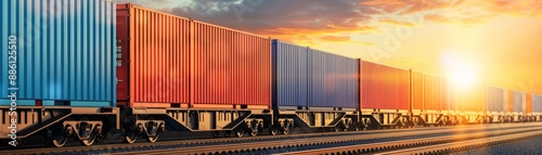 Freight train carrying colorful cargo containers passes through a rail yard at sunset, highlighting the logistics and transportation industry.