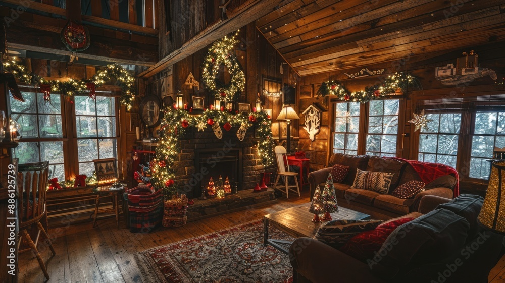 Cozy wooden cabin with festive holiday decor, warm lighting, and crackling fireplace Cozy wooden cabin with festive holiday decor, warm lighting, and crackling fireplace