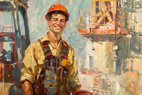 Confident Construction Worker Smiling at Building Site - Industrial Labor and Safety Gear Concept photo