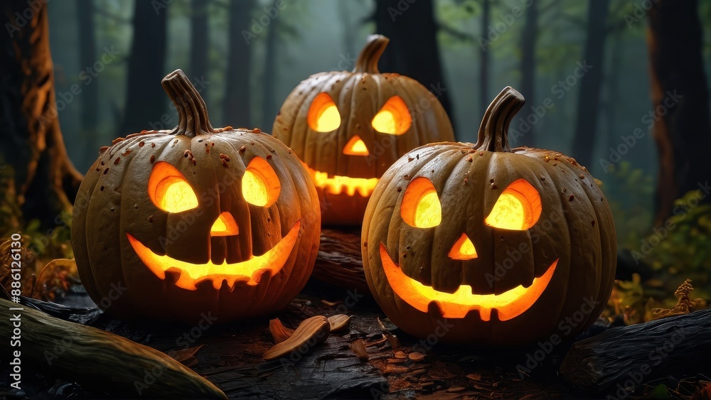 Fototapeta premium Jack-o'-lanterns in a spooky forest.