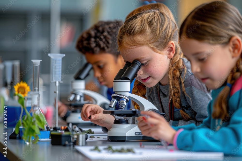 custom made wallpaper toronto digitalEnthusiastic young students in a science lab classroom, examining specimens through microscopes, various scientific instruments around