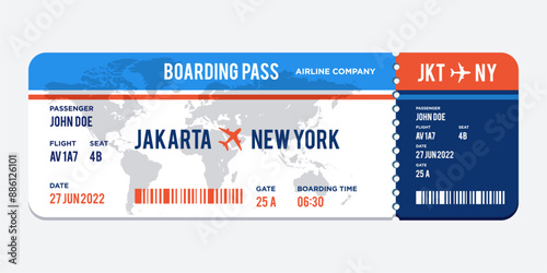 modern Airplane ticket design. Realistic illustration of airplane ticket boarding pass with passenger name and destination. Concept of travel, journey or business trip. 