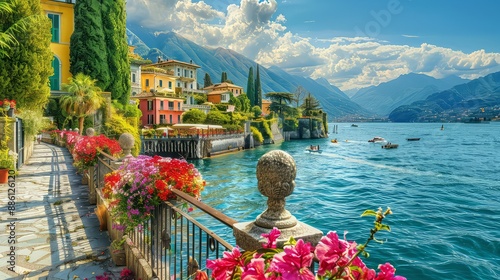 Lake Como in Italy. Breathtaking view of the coastal city - Bellagio, Lombardy. Famous Italian holiday area and popular European tourist destination