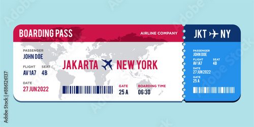 modern Airplane ticket design. Realistic illustration of airplane ticket boarding pass with passenger name and destination. Concept of travel, journey or business trip. 