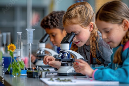 Wallpaper Mural Enthusiastic young students in a science lab classroom, examining specimens through microscopes, various scientific instruments around Torontodigital.ca