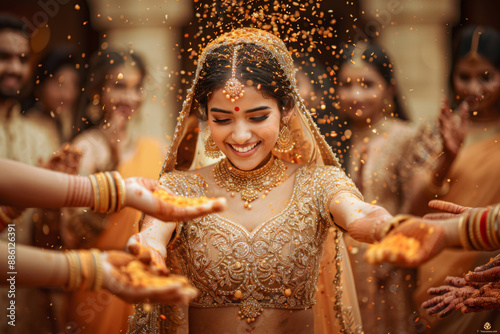 A young joyful bride wearing traditional Indian bridal costumes and jewellery on her wedding