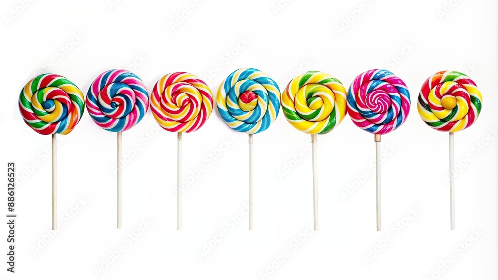 Colorful chupetas arranged in a row on a white background , chupetas, lollipops, candy, sweets, treat, sugar Colorful chupetas arranged in a row on a white background , chupetas, lollipops, candy, sweets, treat, sugar
