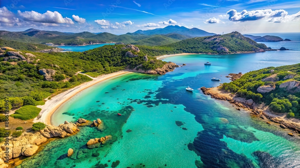 Aerial view of the stunning Cala Brandinchi beach surrounded by turquoise waters and lush greenery in Gallura