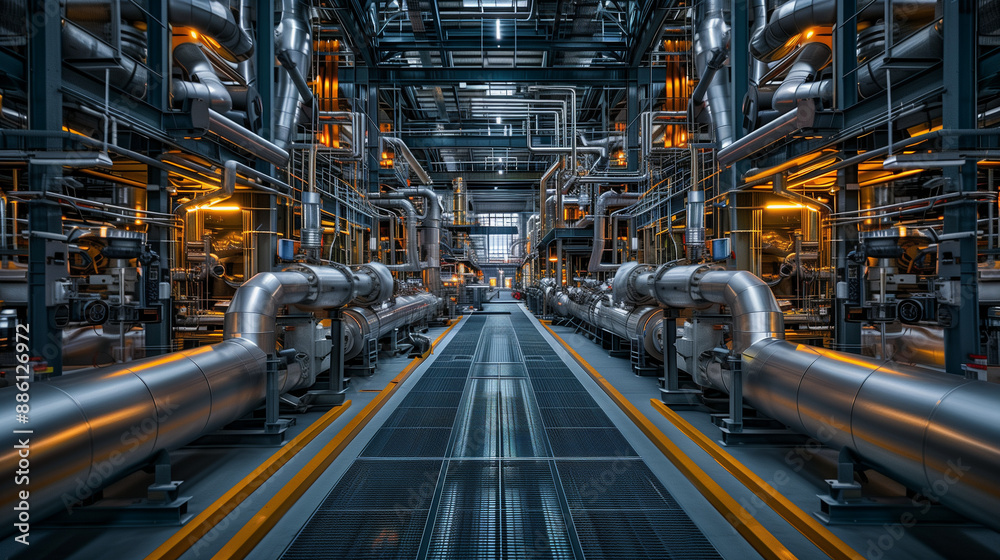 Fototapeta premium Clean, well-lit industrial facility with organized piping systems and equipment layout.