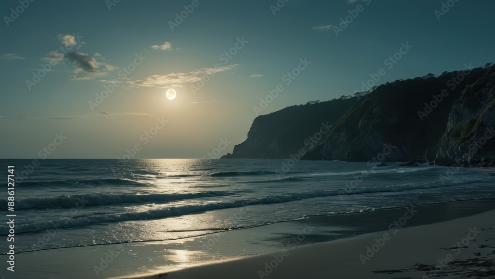Obraz premium Serene Beach Sunset with Cliffside Silhouette.