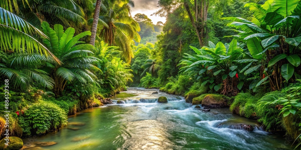Tropical stream flowing through lush vegetation in the springtime, tropical, stream, water, springtime, nature, green, lush Tropical stream flowing through lush vegetation in the springtime, tropical, stream, water, springtime, nature, green, lush