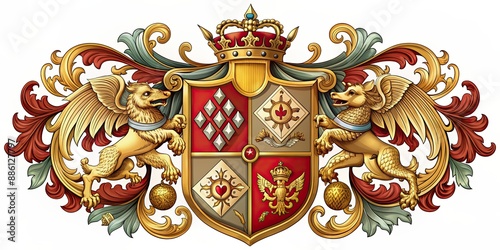 Heraldic coat of arms featuring intricate designs and symbols , medieval, shield, emblem, crest, royal, knight, vintage, heraldry