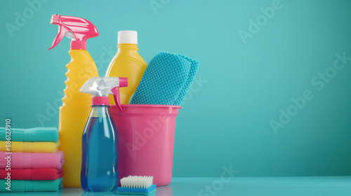 Cleaning service. Bucket with sponges, chemicals bottles and mopping stick. Rubber gloves, plunger and towel.