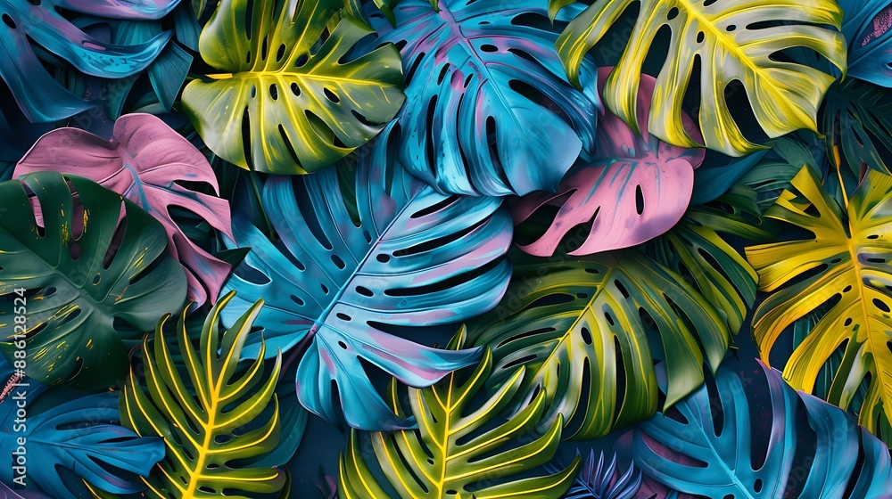 Tropical leaves with fluorescent green and blue, flat lay design, colorful and modern, Tropical leaves with fluorescent green and blue, flat lay design, colorful and modern,