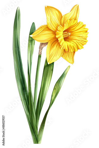 A single yellow daffodil with green leaves isolated on a white background. cut out. png. transparent background.