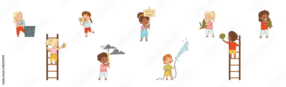 Naklejka premium Kid Characters Saving Nature and Planet Vector Set