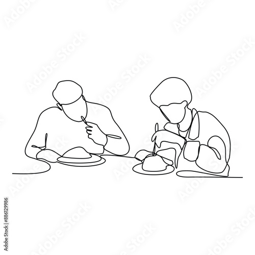 One continuous line drawing of family dining activities vector illustration. Family meal activity themes design illustration simple linear style vector concept. food and drinks are on the dining table