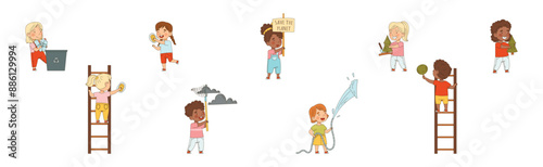 Kid Characters Saving Nature and Planet Vector Set