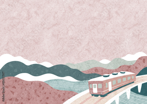 秋の山々を眺めながら電車旅行 和風でノスタルジックな風景イラスト