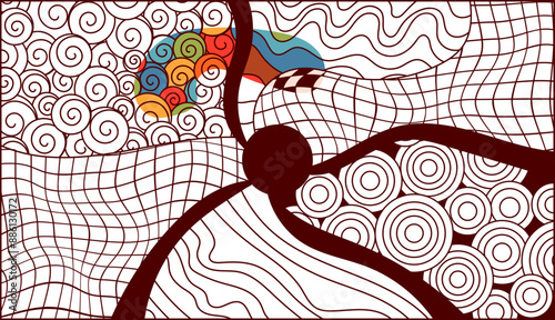 Zentangle coloring page for adults with spiral, checkerboards.