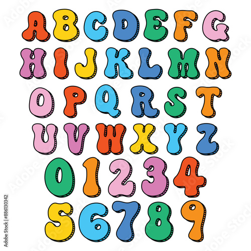 Cute colorful groovy alphabet and number font style
