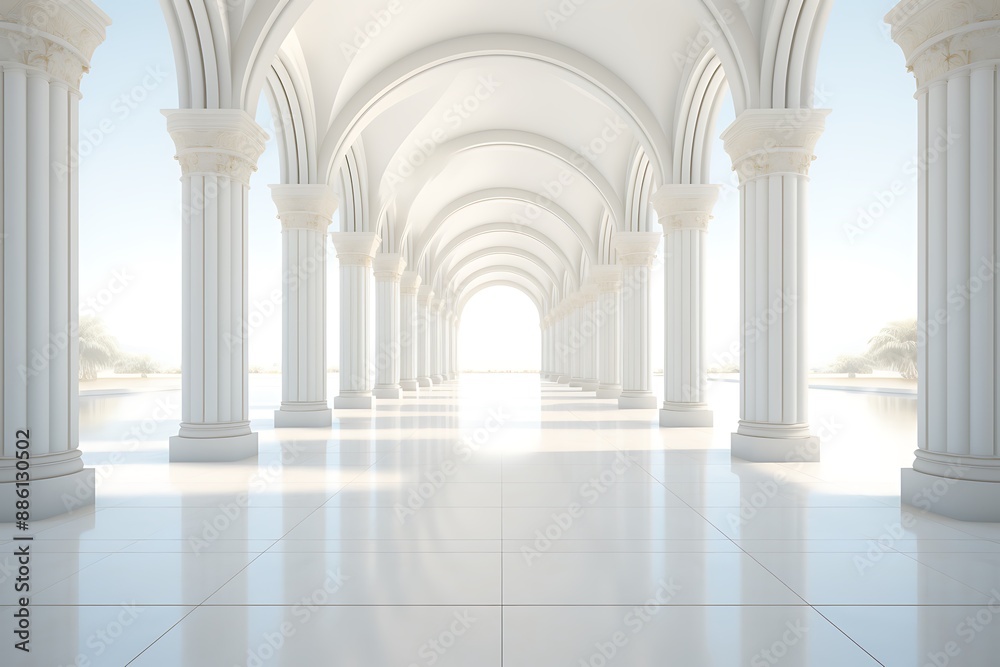 White corridor with arches and columns, 3d render illustration. White corridor with arches and columns, 3d render illustration.