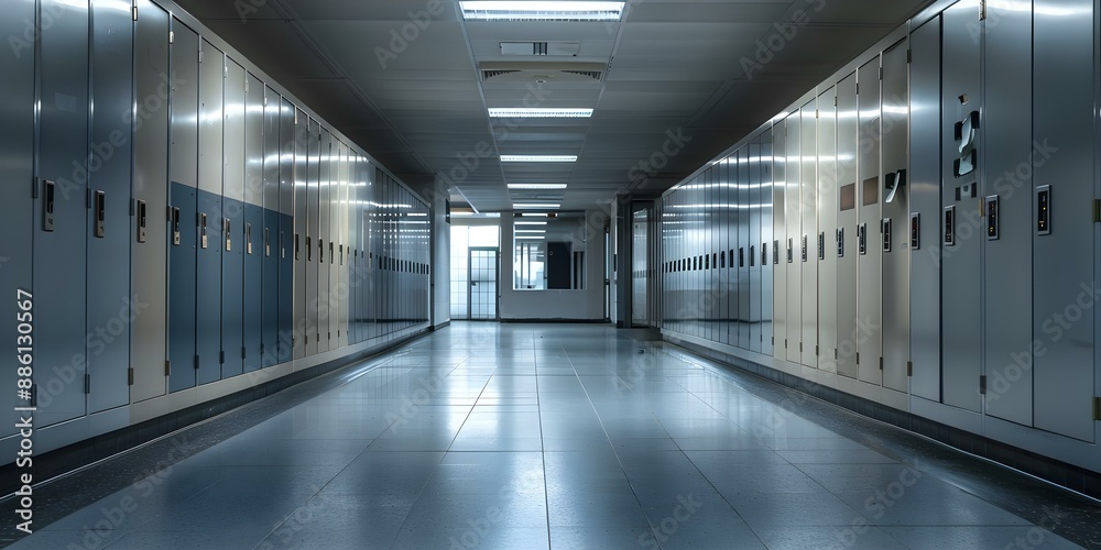 Fototapeta premium Dimly Lit Hallway with Lockers and Bright Light at End. Concept Abandoned School, Mysterious Hallway, Locker Shadows, Bright Exit, Creepy Atmosphere