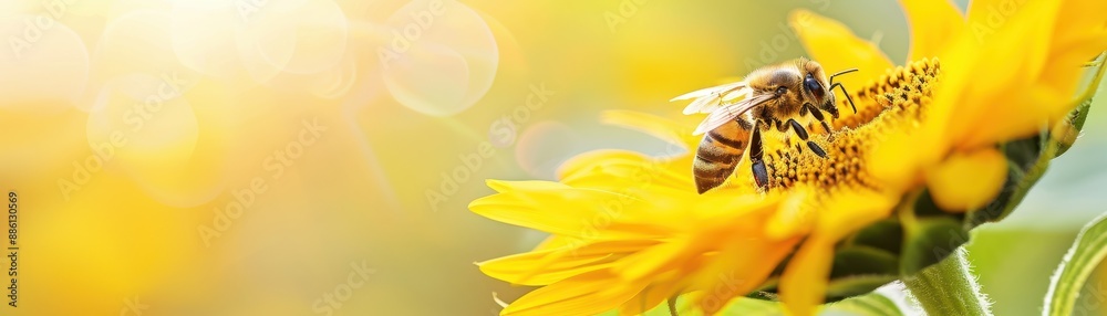 Close-up of bee pollinating a vibrant sunflower under sunlight. Bright yellow petals and blue sky creating a vivid summer scene. Close-up of bee pollinating a vibrant sunflower under sunlight. Bright yellow petals and blue sky creating a vivid summer scene.