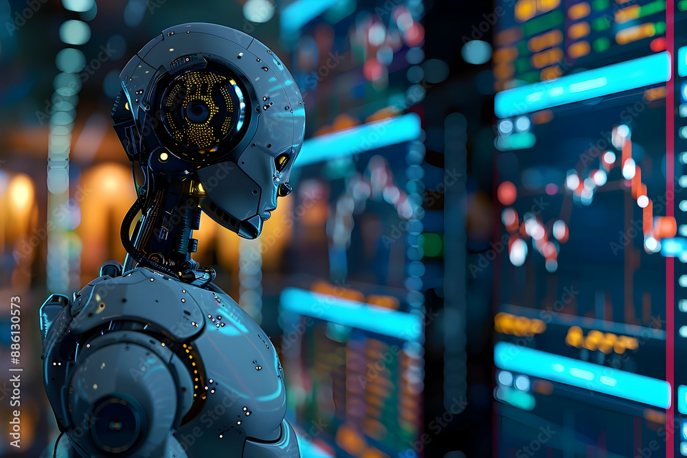 Futuristic AI Robot Analyzing Data for Advanced Stock Market and Financial Trends Futuristic AI Robot Analyzing Data for Advanced Stock Market and Financial Trends