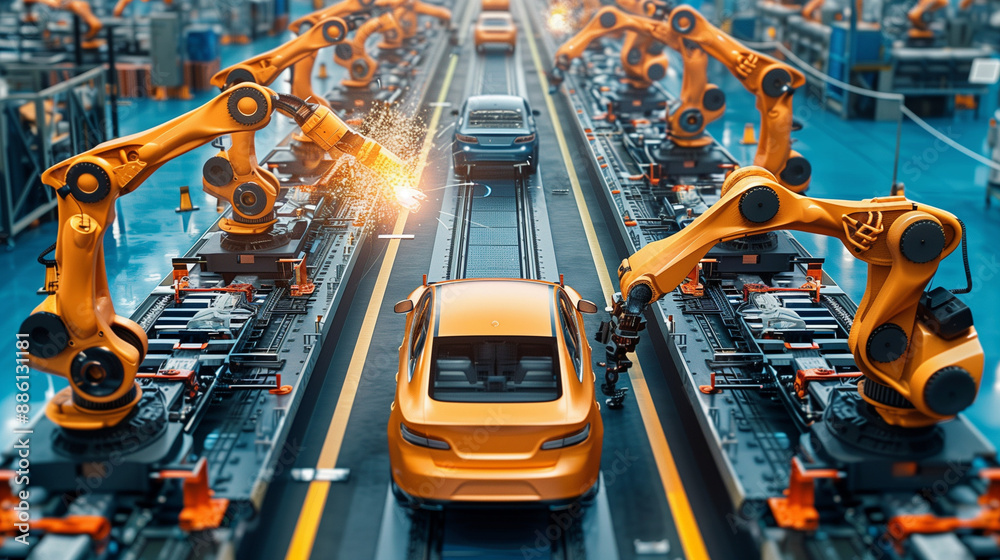 Fototapeta premium Robotics in manufacturing: Car assembly by robots, with robotic arms for sorting and packing.