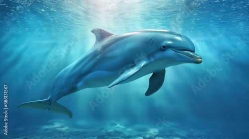 dolphins swimming underwater on blue sea background