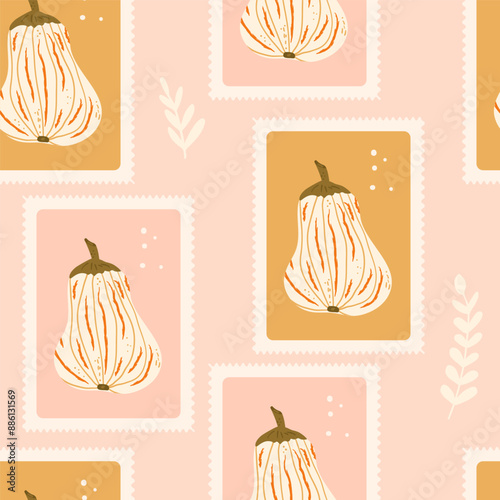White pumpkin checked seamless pattern. Bento box autumn harvest repeat background. Halloween retro butternut squash stamps endless design. Vector hand drawn illustration.