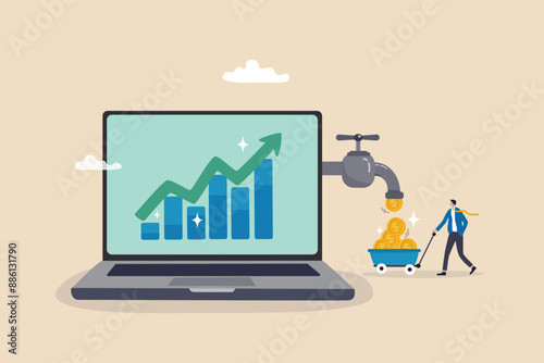 Make money online, earning profit from online investment, internet or e-commerce, sell product online, affiliate marketing concept, businessman making money coins online website from computer laptop.